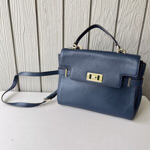 Michael Kors Navy Leather Satchel Crossbody Bag Gold Hardware Top Handle